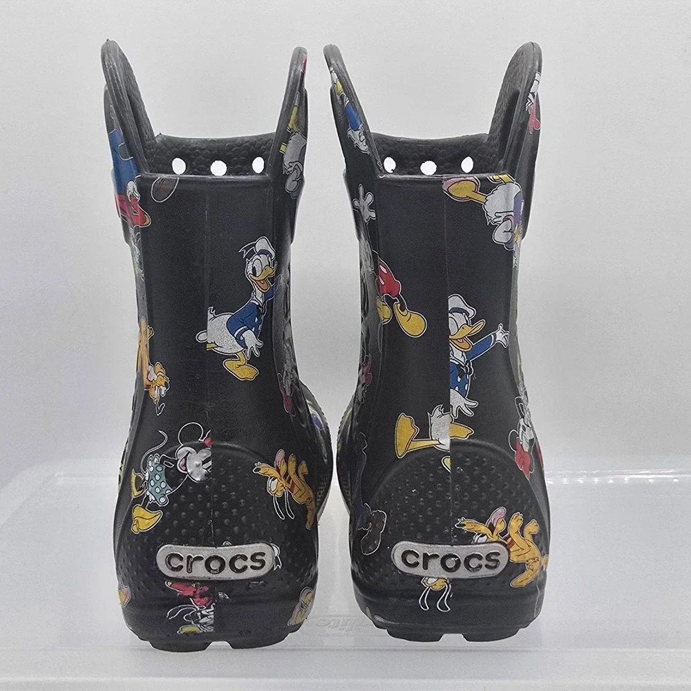 Crocs Rain Boots Kids Size 7 Black Disney Mickey Minnie Goofy Pluto Print